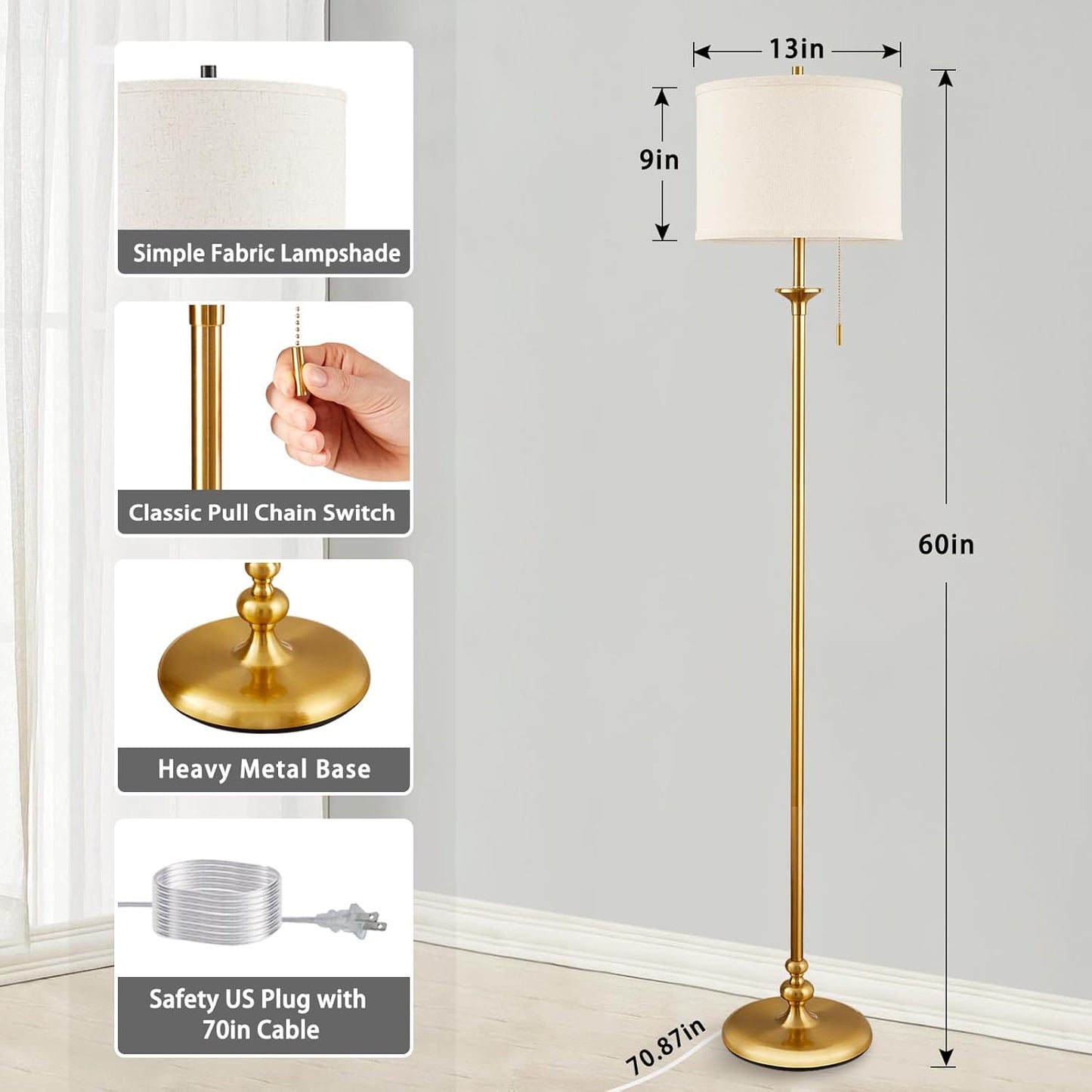 60" Modern Gold Floor Lamp — Tall Standing Lamp with Pull Chain Switch & Soft Ambient Lighting (Bulb Included)