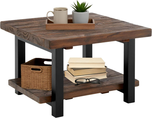 Pomona 27" Rustic Square Coffee Table — Solid Pine Wood with Weathered Finish & Industrial Metal Legs