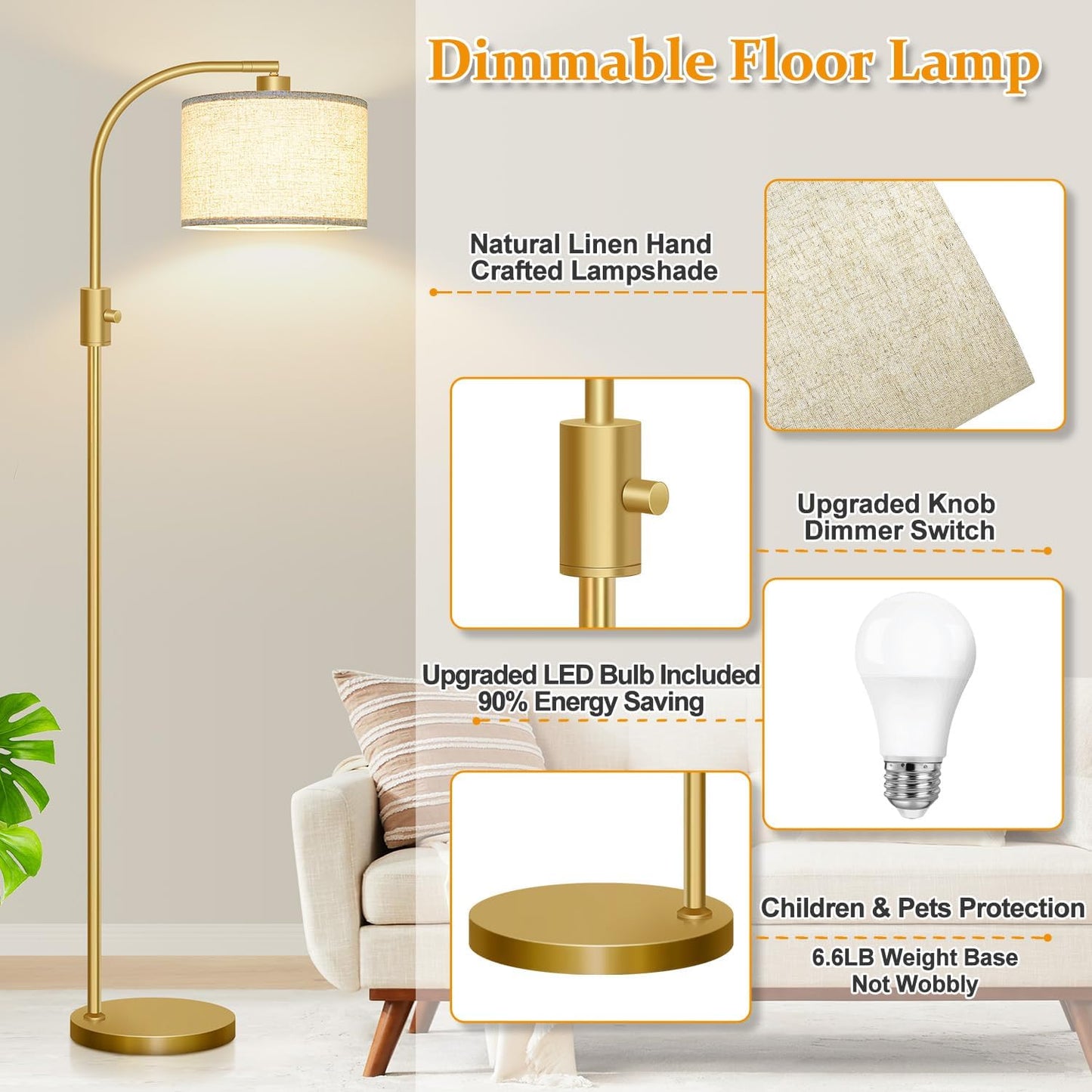 Modern Arc Dimmable Gold Floor Lamp — Tall Standing Lamp with Linen Shade & LED Bulb (Living Room, Bedroom, Office)