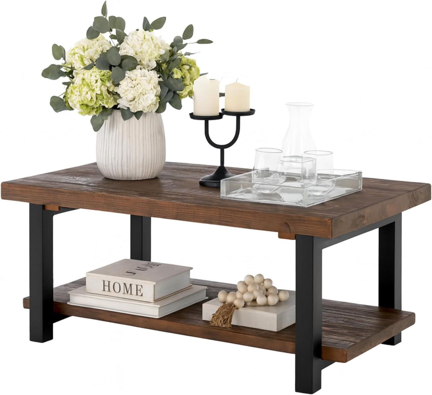 Pomona 42" Rustic Coffee Table with Storage Shelf — Solid Wood & Industrial Metal Frame (Rustic Natural Finish)