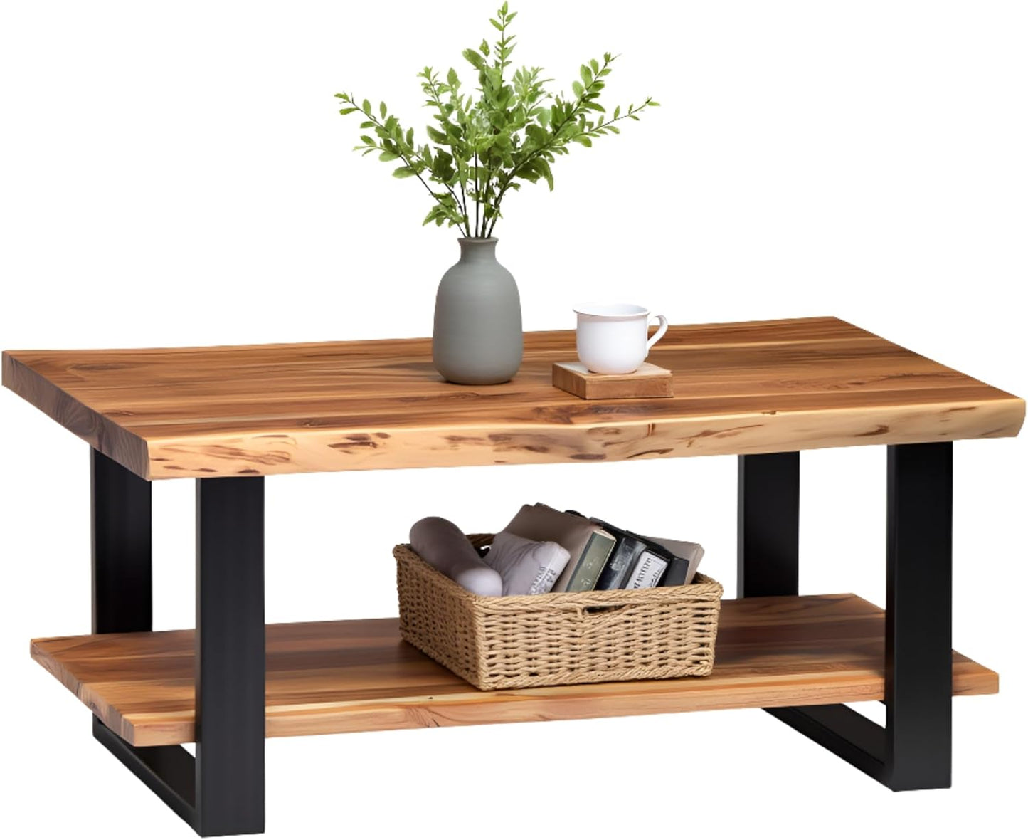 Alpine 2-Tier Live Edge Coffee Table — Solid Acacia Wood with Natural Finish & Metal Frame (Rustic Industrial 42”)