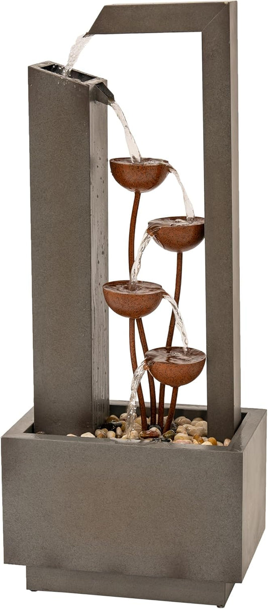 XBrand Metal Sculptural Multi-Tiered Flower Water Fountain — Gray & Bronze Finish (38" Tall)