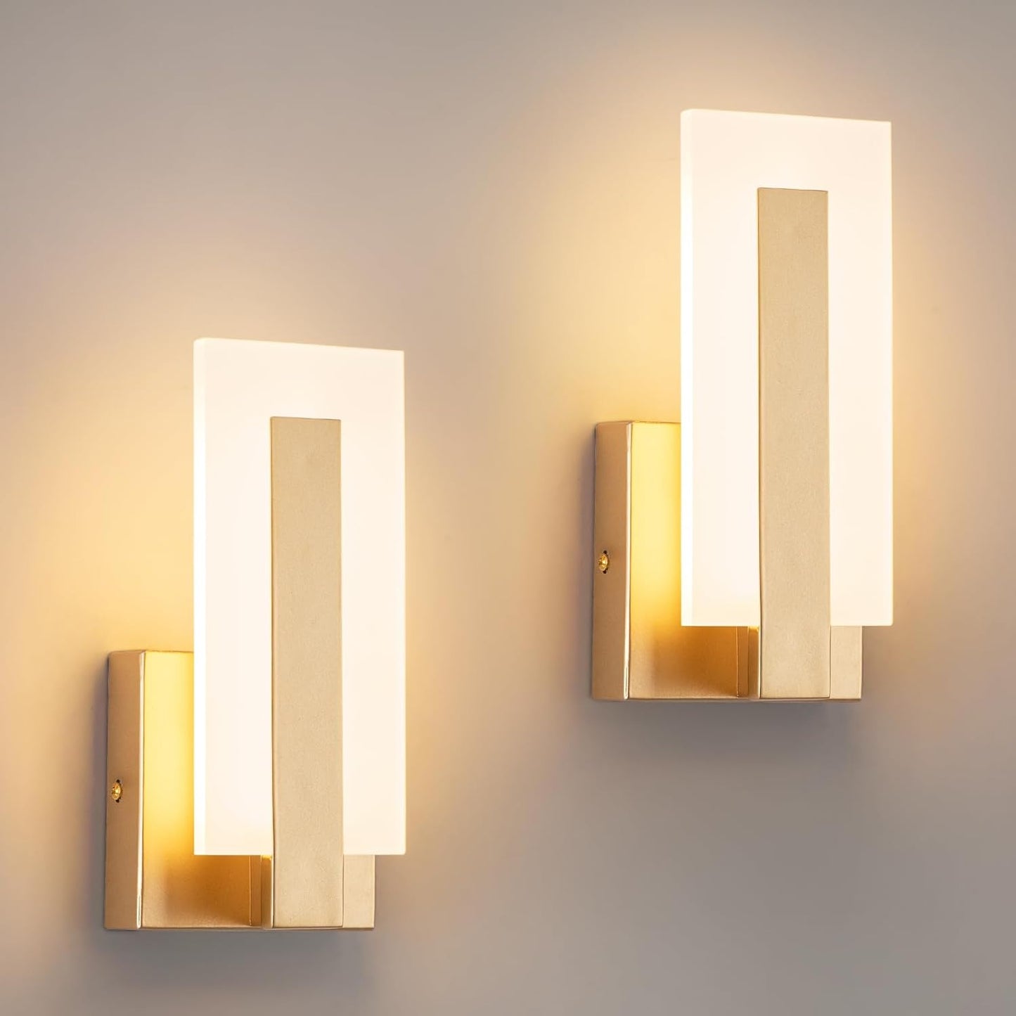 Set of 2 Modern Gold Acrylic Wall Sconces — 3000K Warm White Lighting for Bedroom, Hallway & Living Room