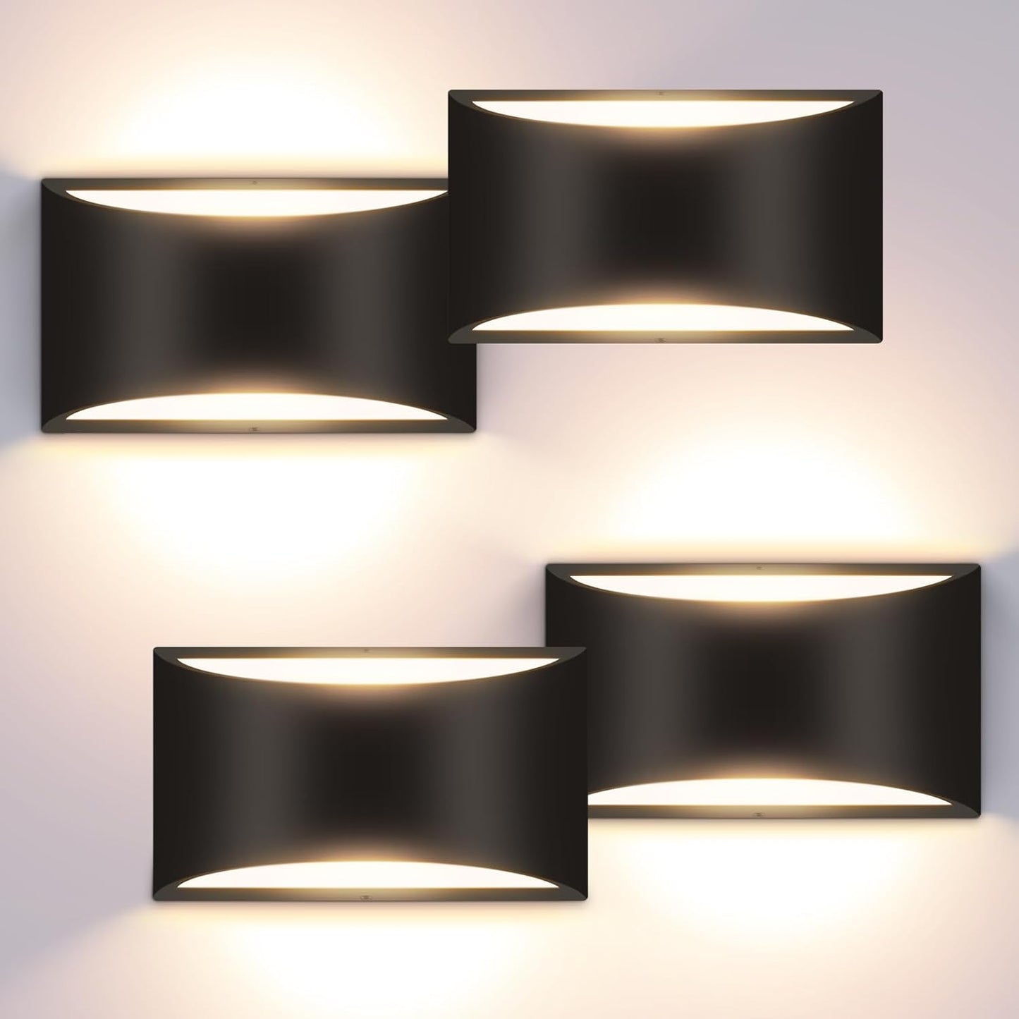 Set of 4 Modern Black LED Wall Sconces — Up & Down Indoor Wall Lights with Warm White Glow (Bulbs Included)