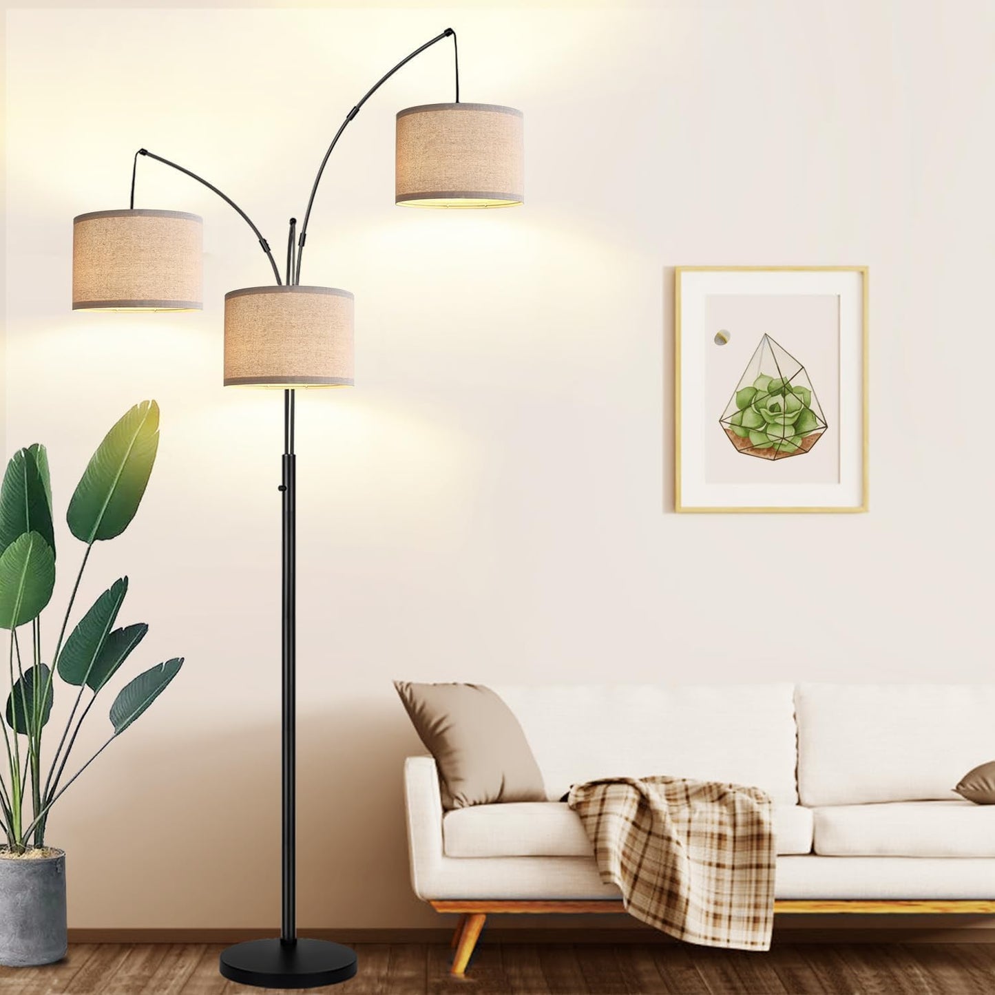 Mid-Century Modern 3-Light Arc Floor Lamp — Dimmable Tall Standing Lamp with Beige Shades & Heavy Base (LED Bulbs Included)