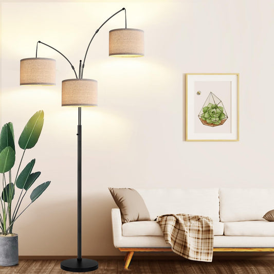 Mid-Century Modern 3-Light Arc Floor Lamp — Dimmable Tall Standing Lamp with Beige Shades & Heavy Base (LED Bulbs Included)