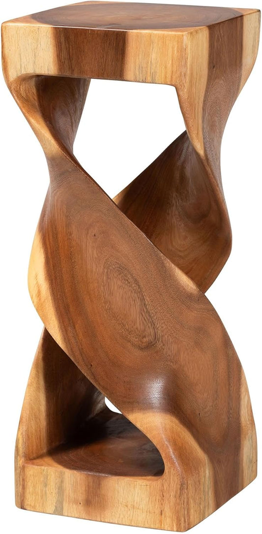 Rapha Suar Wood Accent Table — Hand-Carved Sculptural Pedestal with Twist Design (29.5" Tall, Modern Boho)