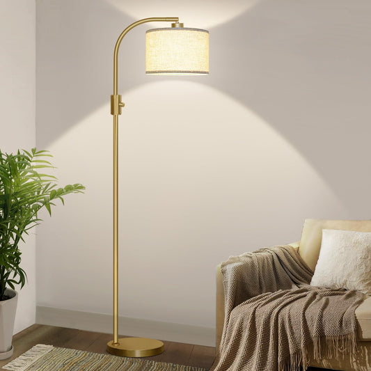 Modern Arc Dimmable Gold Floor Lamp — Tall Standing Lamp with Linen Shade & LED Bulb (Living Room, Bedroom, Office)