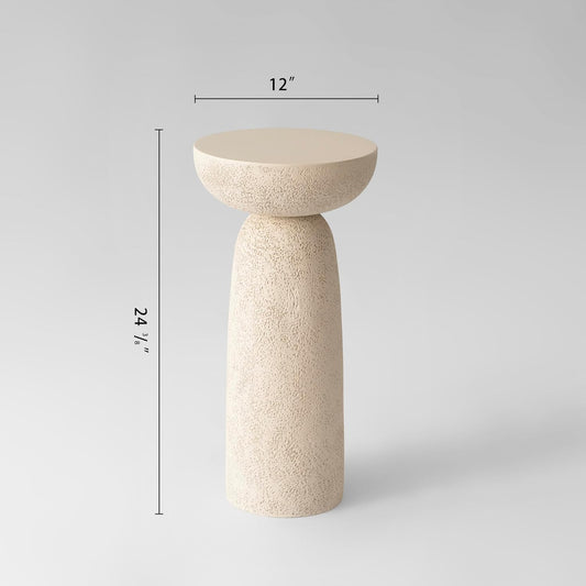 Modern Pedestal Side Table — Round Stone-Inspired Hourglass Design (24" Tall, Beige) for Living Room & Patio