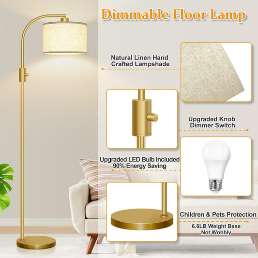 Modern Arc Dimmable Gold Floor Lamp — Tall Standing Lamp with Linen Shade & LED Bulb (Living Room, Bedroom, Office)