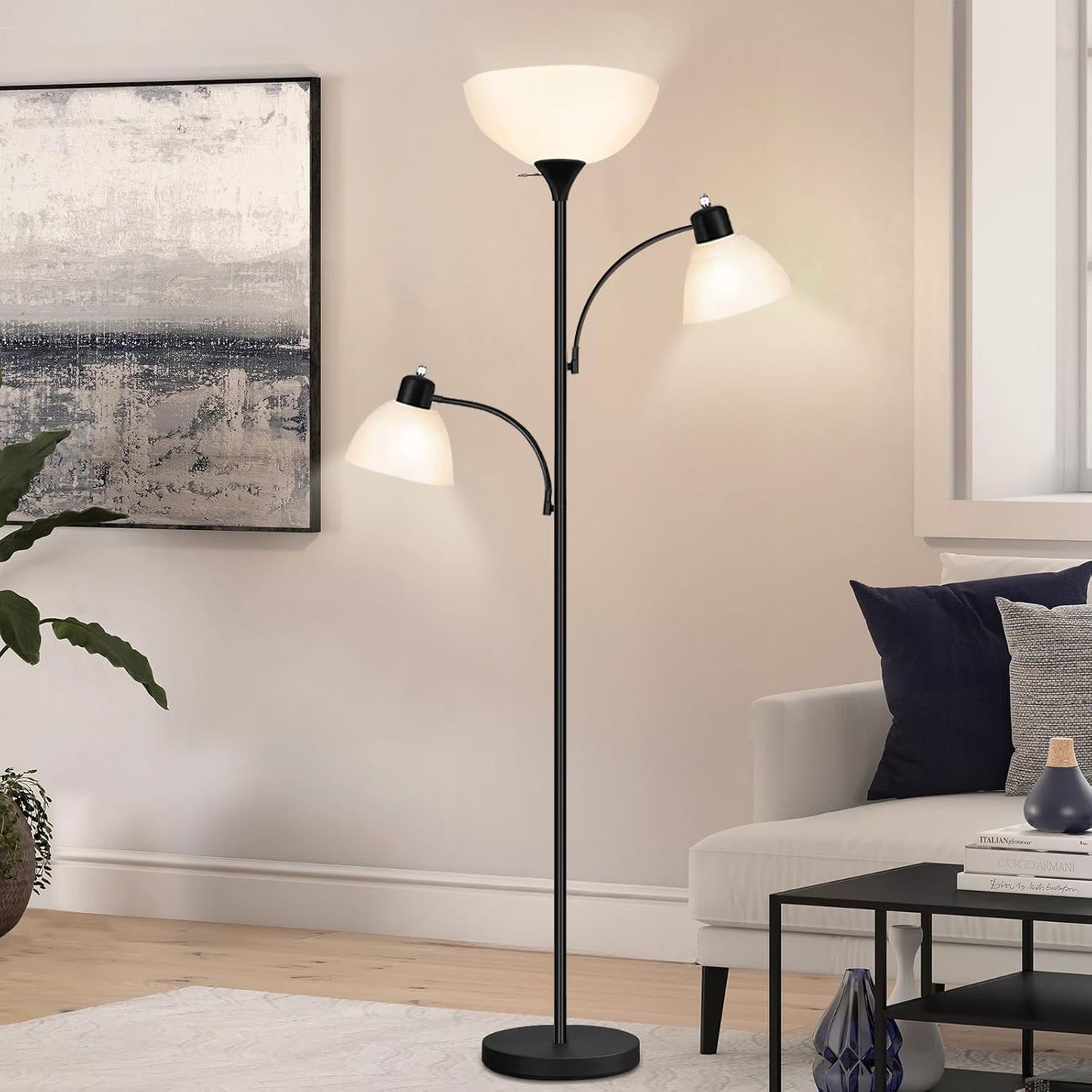 72" Industrial Black Torchiere Floor Lamp — Tall Tree Lamp with Adjustable Reading Lights (3 Bulbs Included)