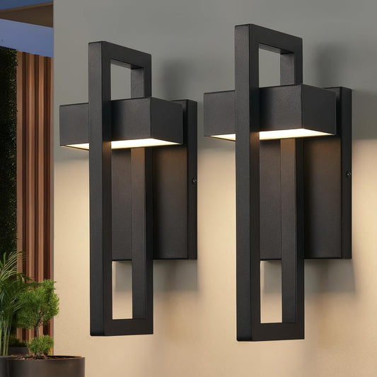 Set of 2 Matte Black LED Outdoor Wall Sconces — Modern Exterior Lighting for Porch & Hallway (Warm White 3000K)
