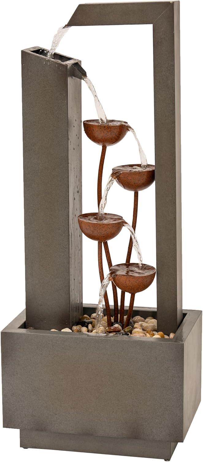 XBrand Metal Sculptural Multi-Tiered Flower Water Fountain — Gray & Bronze Finish (38" Tall)