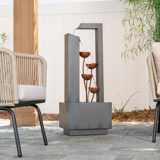 XBrand Metal Sculptural Multi-Tiered Flower Water Fountain — Gray & Bronze Finish (38" Tall)