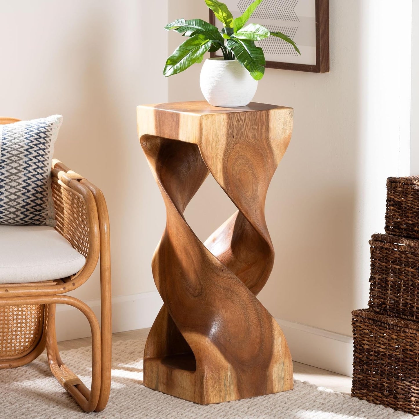 Rapha Suar Wood Accent Table — Hand-Carved Sculptural Pedestal with Twist Design (29.5" Tall, Modern Boho)