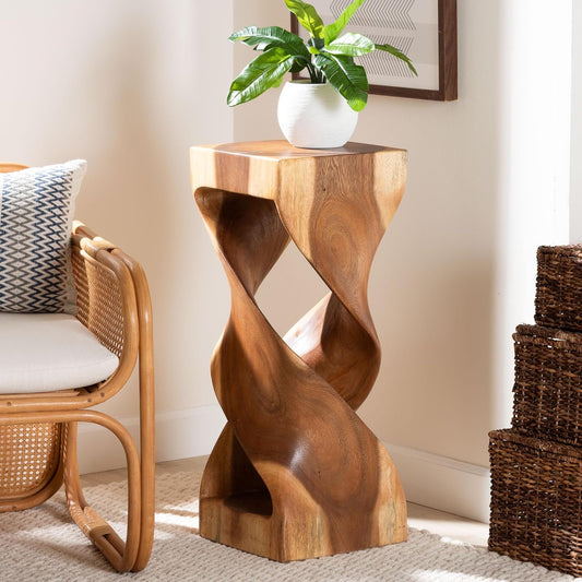 Rapha Suar Wood Accent Table — Hand-Carved Sculptural Pedestal with Twist Design (29.5" Tall, Modern Boho)