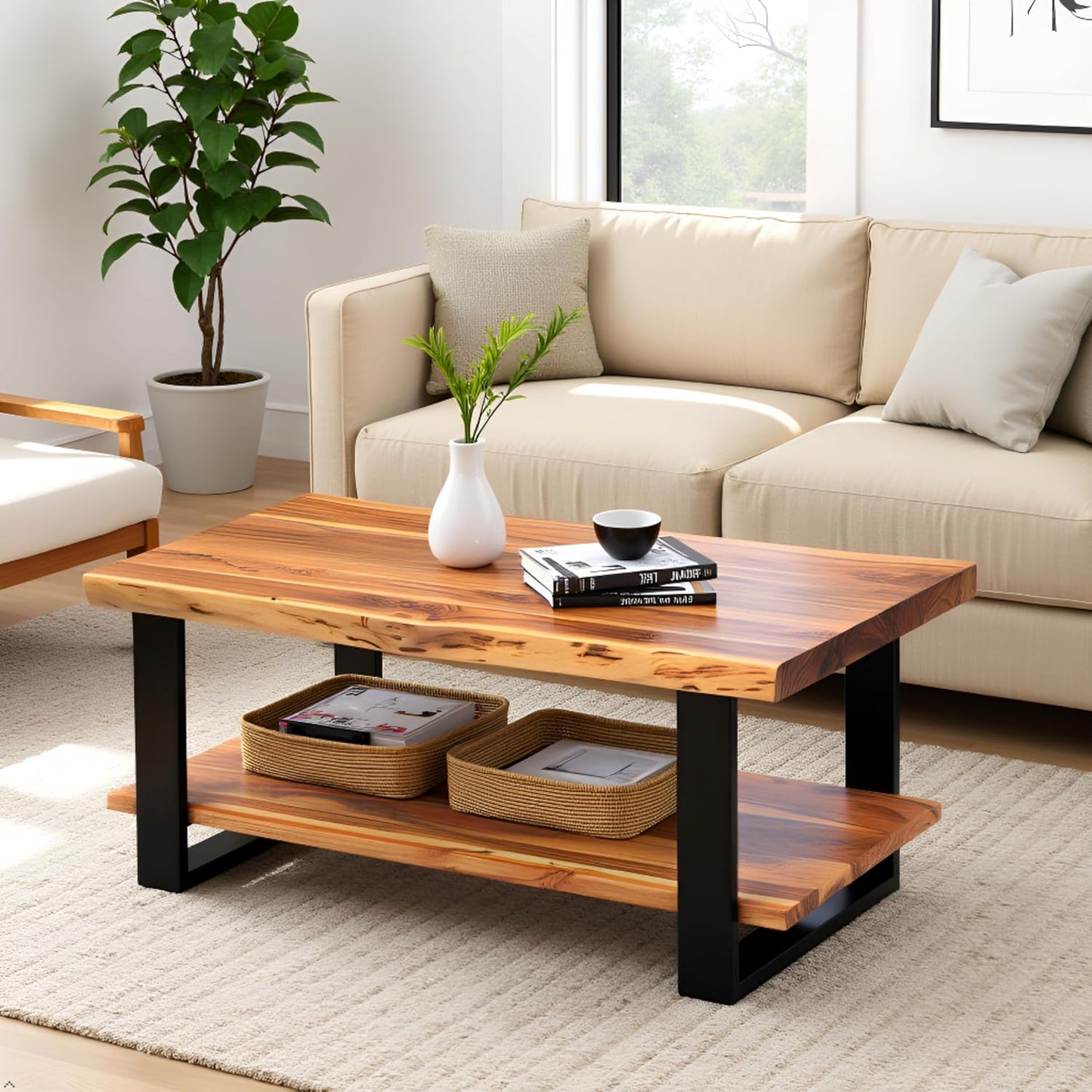 Alpine 2-Tier Live Edge Coffee Table — Solid Acacia Wood with Natural Finish & Metal Frame (Rustic Industrial 42”)