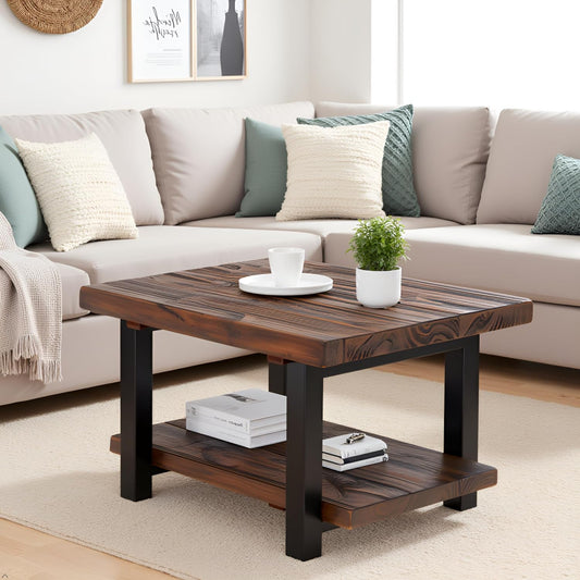 Pomona 27" Rustic Square Coffee Table — Solid Pine Wood with Weathered Finish & Industrial Metal Legs
