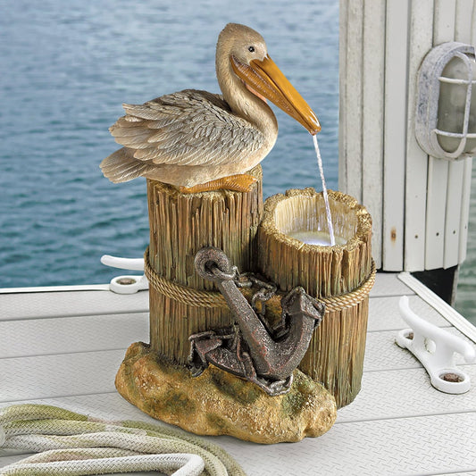 Coastal Decor Water Fountain with LED Light — Pelican’s Seashore Roost Garden Fountain (Full Color)