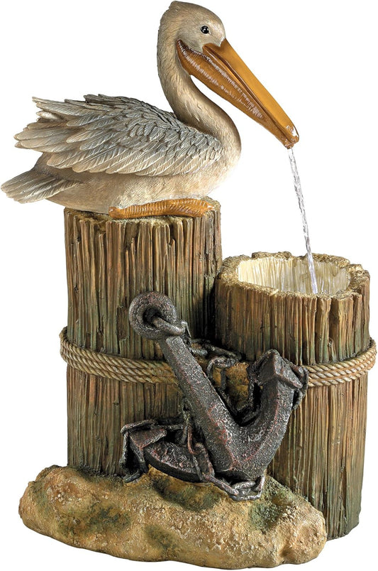Coastal Decor Water Fountain with LED Light — Pelican’s Seashore Roost Garden Fountain (Full Color)