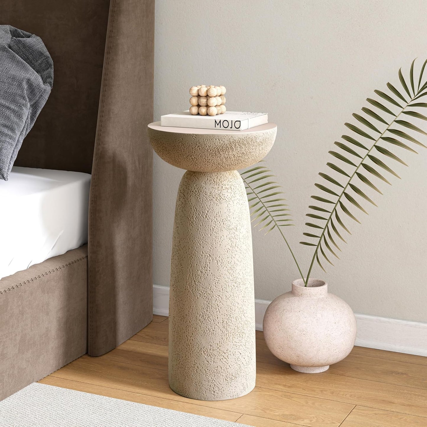 Modern Pedestal Side Table — Round Stone-Inspired Hourglass Design (24" Tall, Beige) for Living Room & Patio